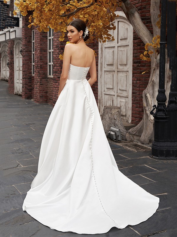 A-Line/Princess Strapless Satin Sleeveless Ruffles Sweep/Brush Train Wedding Dresses 930