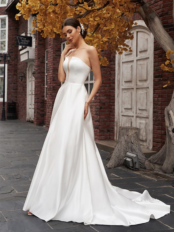 A-Line/Princess Strapless Satin Sleeveless Ruffles Sweep/Brush Train Wedding Dresses 930