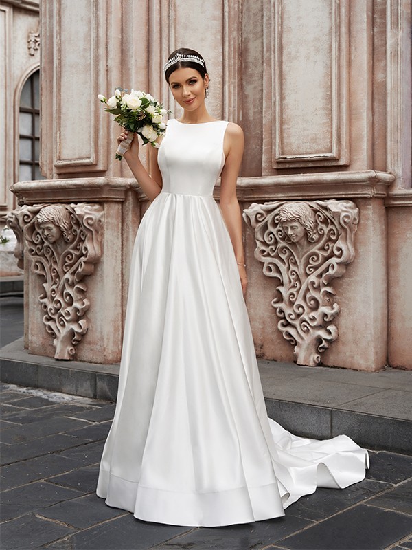 A-Line/Princess Satin Sleeveless Scoop Ruffles Sweep/Brush Train Wedding Dresses 863