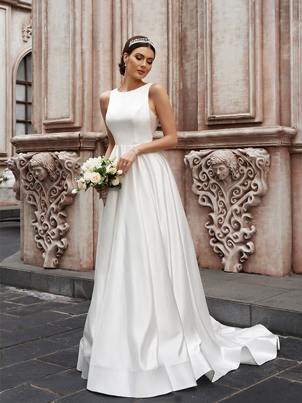 A-Line/Princess Satin Sleeveless Scoop Ruffles Sweep/Brush Train Wedding Dresses 863