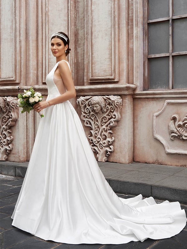 A-Line/Princess Satin Sleeveless Scoop Ruffles Sweep/Brush Train Wedding Dresses 863