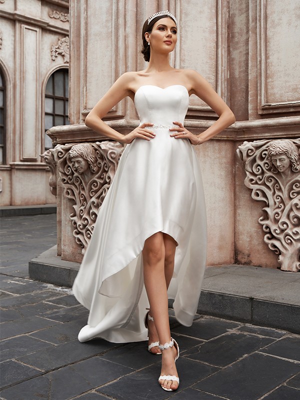 A-Line/Princess Sweetheart Satin Ruffles Sleeveless Asymmetrical Wedding Dresses 961