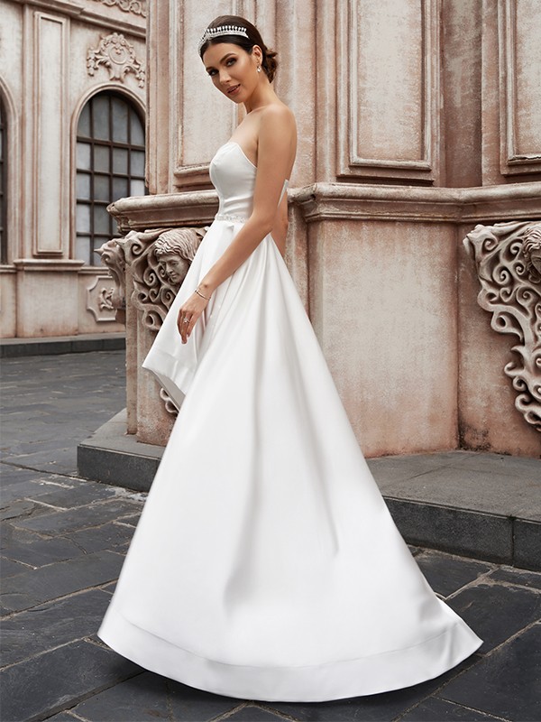 A-Line/Princess Sweetheart Satin Ruffles Sleeveless Asymmetrical Wedding Dresses 961