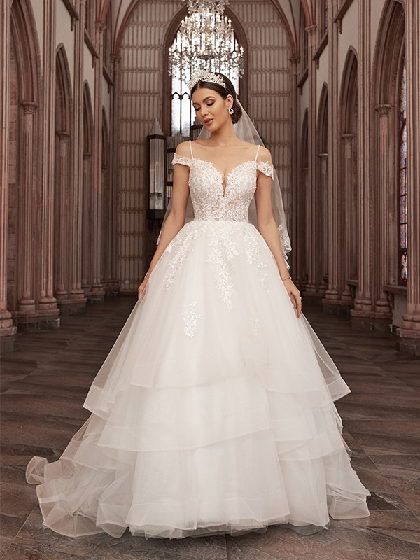 A-Line/Princess Tulle Applique Sweetheart Sleeveless Sweep/Brush Train Wedding Dresses 1006