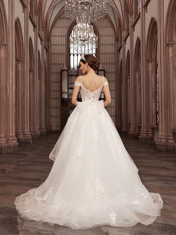 A-Line/Princess Tulle Applique Sweetheart Sleeveless Sweep/Brush Train Wedding Dresses 1006