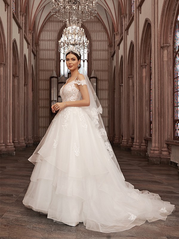 A-Line/Princess Tulle Applique Sweetheart Sleeveless Sweep/Brush Train Wedding Dresses 1006