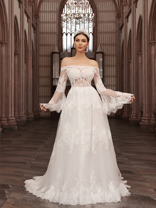 A-Line/Princess Off-the-Shoulder Tulle Long Sleeves Applique Sweep/Brush Train Wedding Dresses 766