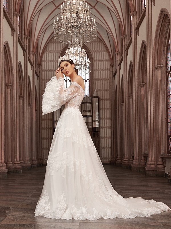 A-Line/Princess Off-the-Shoulder Tulle Long Sleeves Applique Sweep/Brush Train Wedding Dresses 766