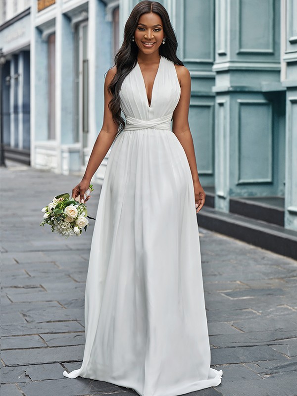 A-Line/Princess Chiffon Halter Ruched Sleeveless Floor-Length Wedding Dresses 641