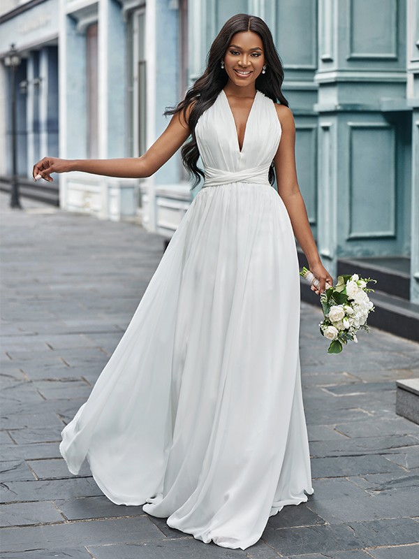 A-Line/Princess Chiffon Halter Ruched Sleeveless Floor-Length Wedding Dresses 641