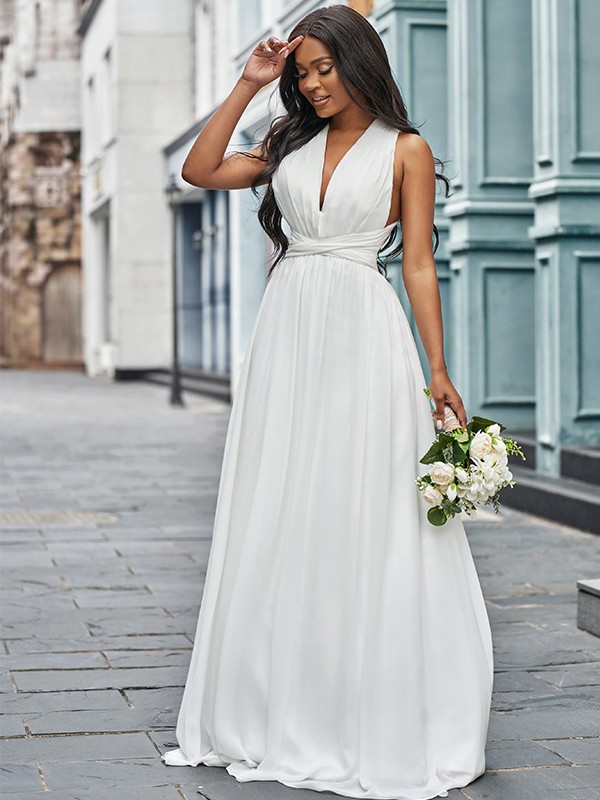 A-Line/Princess Chiffon Halter Ruched Sleeveless Floor-Length Wedding Dresses 641