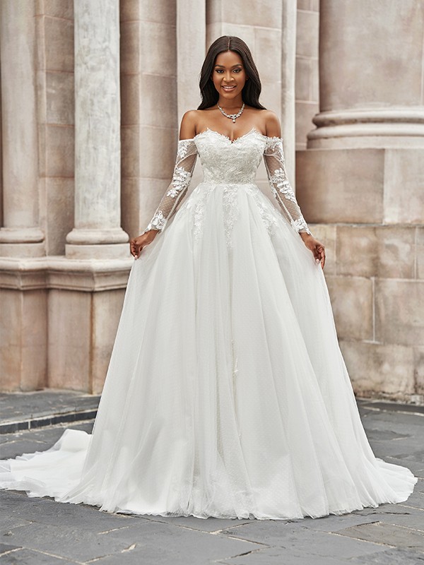 A-Line/Princess Tulle Applique Off-the-Shoulder Long Sleeves Sweep/Brush Train Wedding Dresses 975