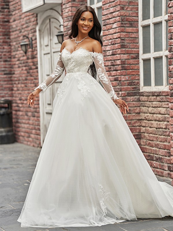 A-Line/Princess Tulle Applique Off-the-Shoulder Long Sleeves Sweep/Brush Train Wedding Dresses 975