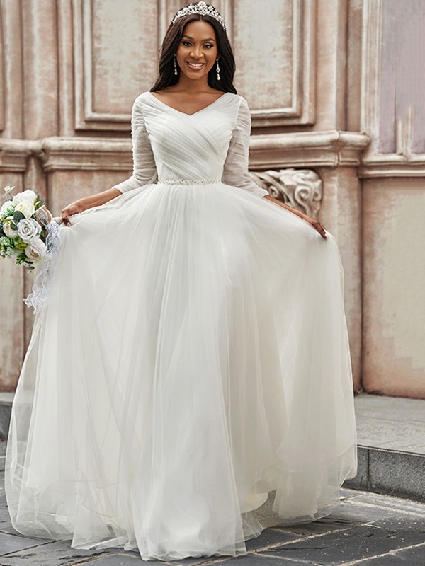 A-Line/Princess Ruched Sweetheart Tulle 3/4 Sleeves Sweep/Brush Train Wedding Dresses 779