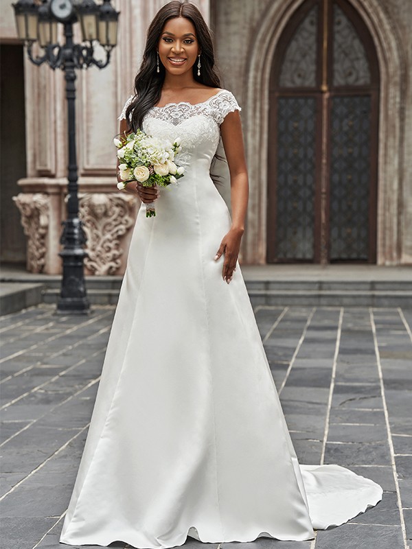 A-Line/Princess Scoop Satin Lace Sleeveless Chapel Train Wedding Dresses 875