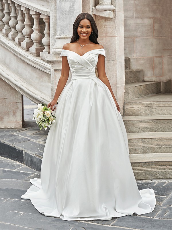 A-Line/Princess Off-the-Shoulder Ruched Sleeveless Satin Court Train Wedding Dresses 760