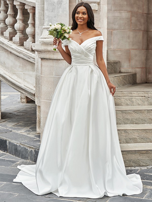 A-Line/Princess Off-the-Shoulder Ruched Sleeveless Satin Court Train Wedding Dresses 760