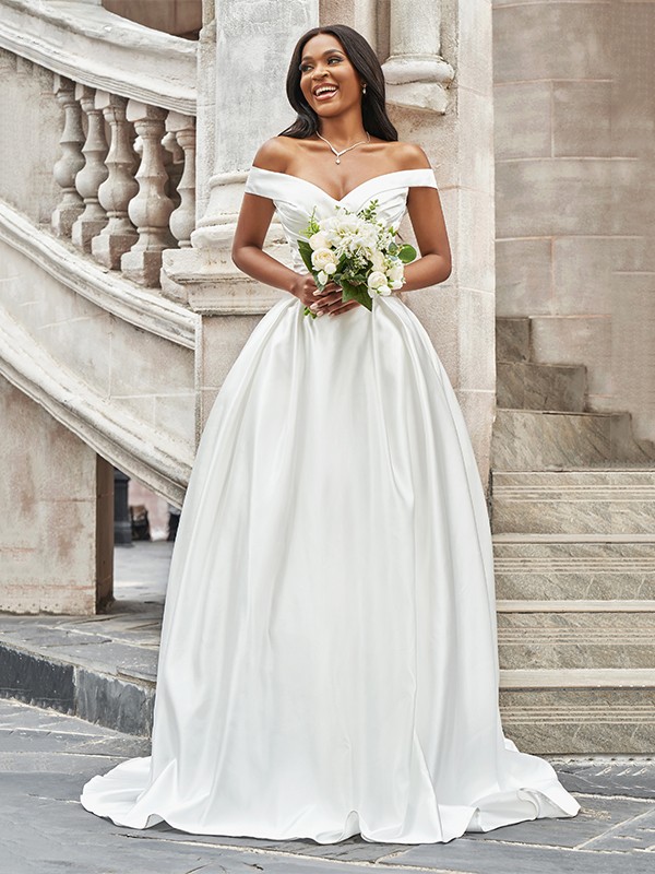 A-Line/Princess Off-the-Shoulder Ruched Sleeveless Satin Court Train Wedding Dresses 760