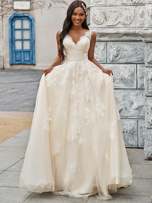 A-Line/Princess Tulle Applique V-neck Sleeveless Sweep/Brush Train Wedding Dresses 1027