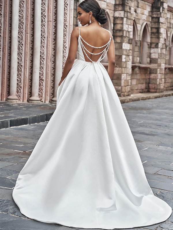 A-Line/Princess Satin Spaghetti Straps Ruffles Sleeveless Sweep/Brush Train Wedding Dresses 864