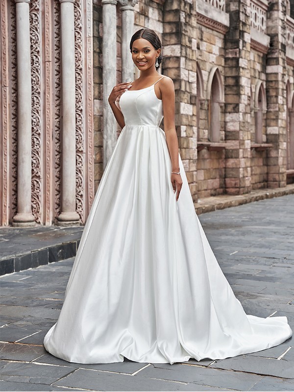 A-Line/Princess Satin Spaghetti Straps Ruffles Sleeveless Sweep/Brush Train Wedding Dresses 864