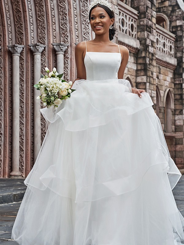 A-Line/Princess Tulle Spaghetti Straps Sleeveless Ruffles Sweep/Brush Train Wedding Dresses 1108