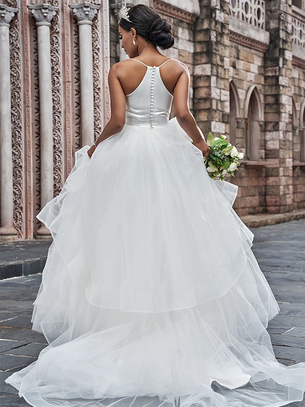 A-Line/Princess Tulle Spaghetti Straps Sleeveless Ruffles Sweep/Brush Train Wedding Dresses 1108