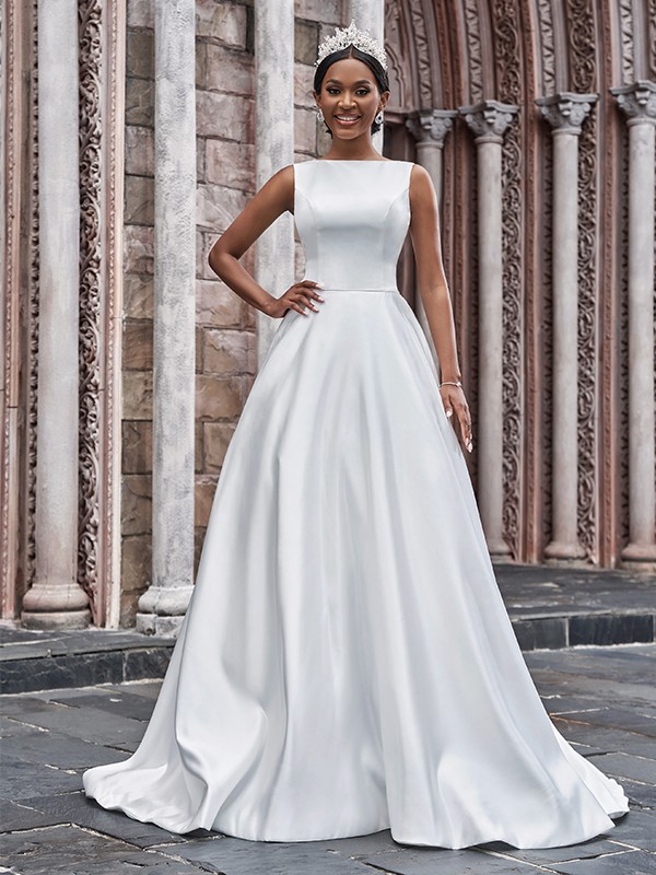 A-Line/Princess Satin Bateau Ruffles Sleeveless Sweep/Brush Train Wedding Dresses 792