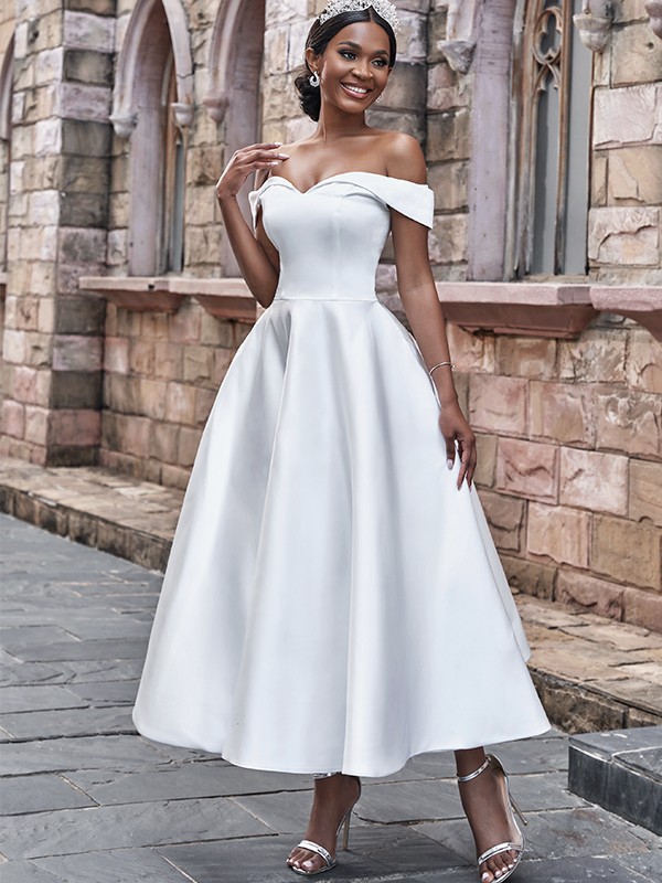 A-Line/Princess Satin Ruffles Off-the-Shoulder Sleeveless Ankle-Length Wedding Dresses 830