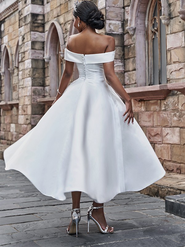 A-Line/Princess Satin Ruffles Off-the-Shoulder Sleeveless Ankle-Length Wedding Dresses 830