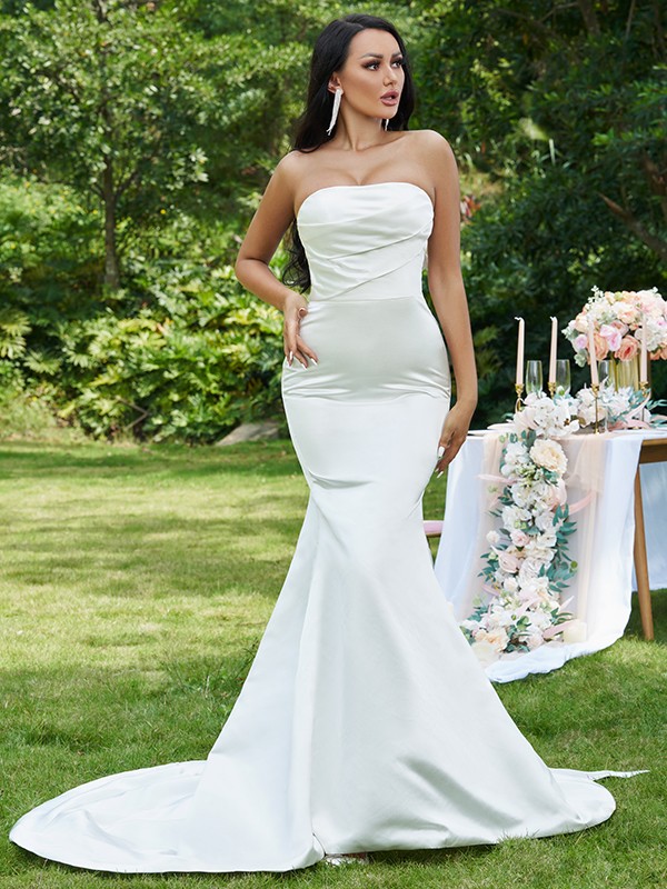 Trumpet/Mermaid Satin Ruched Strapless Sleeveless Sweep/Brush Train Wedding Dresses 1618