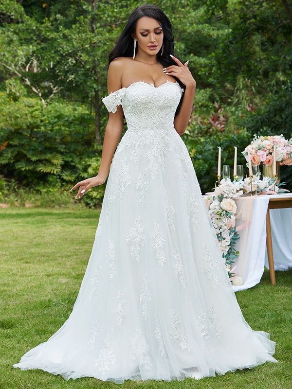 A-Line/Princess Lace Applique Off-the-Shoulder Sleeveless Sweep/Brush Train Wedding Dresses 692