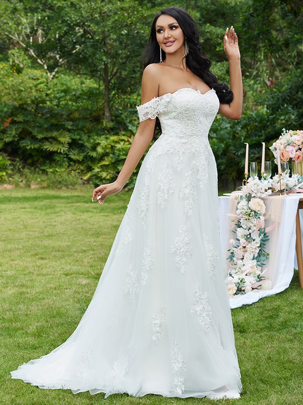 A-Line/Princess Lace Applique Off-the-Shoulder Sleeveless Sweep/Brush Train Wedding Dresses 692