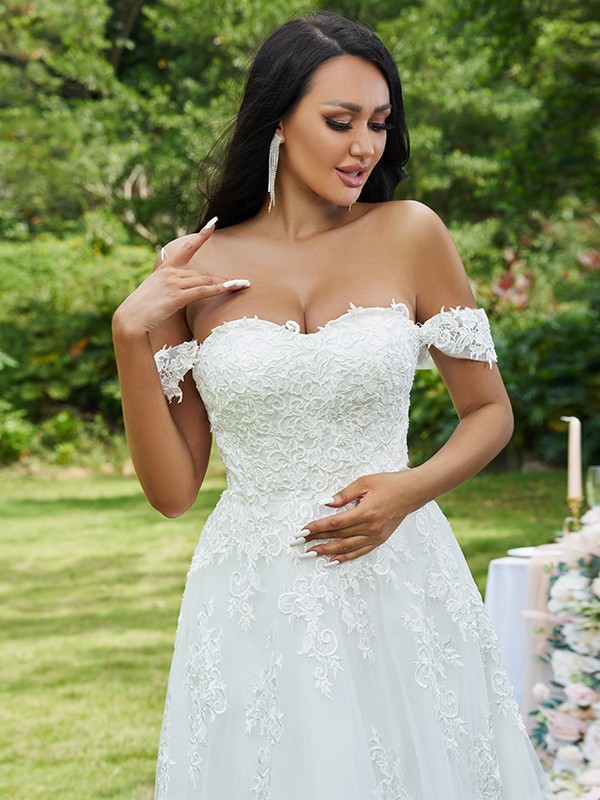 A-Line/Princess Lace Applique Off-the-Shoulder Sleeveless Sweep/Brush Train Wedding Dresses 692