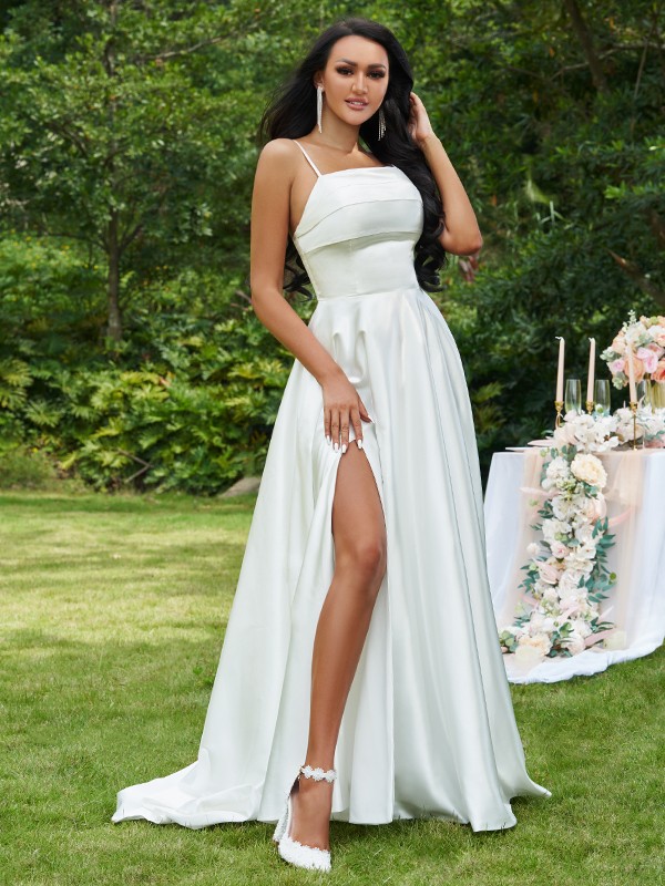 A-Line/Princess Satin Ruffles Spaghetti Straps Sleeveless Sweep/Brush Train Wedding Dresses 843