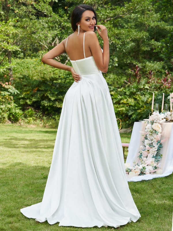 A-Line/Princess Satin Ruffles Spaghetti Straps Sleeveless Sweep/Brush Train Wedding Dresses 843