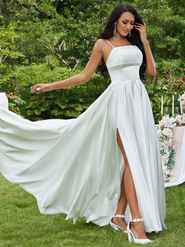 A-Line/Princess Satin Ruffles Spaghetti Straps Sleeveless Sweep/Brush Train Wedding Dresses 843