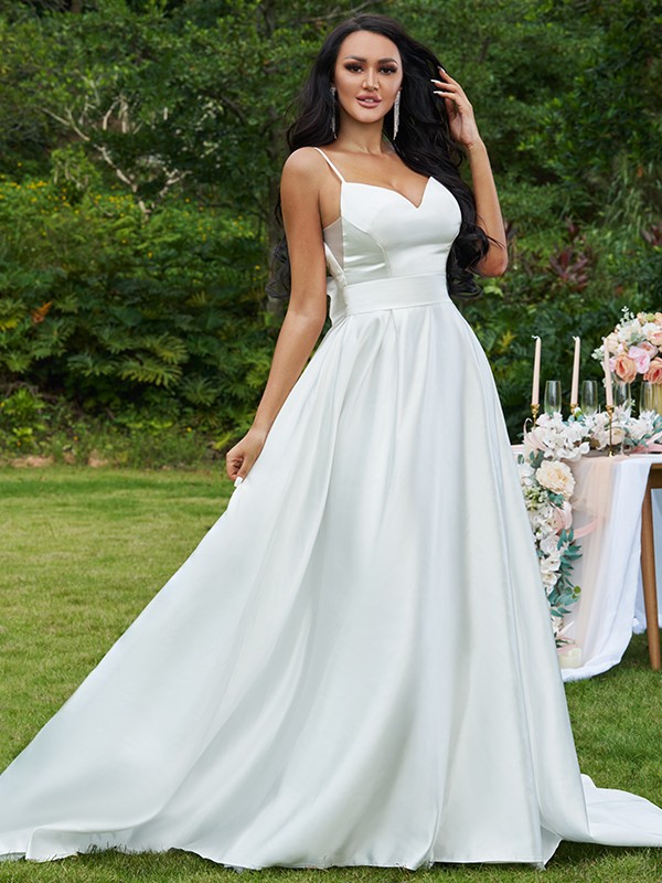 A-Line/Princess Satin Bowknot V-neck Sleeveless Sweep/Brush Train Wedding Dresses 799