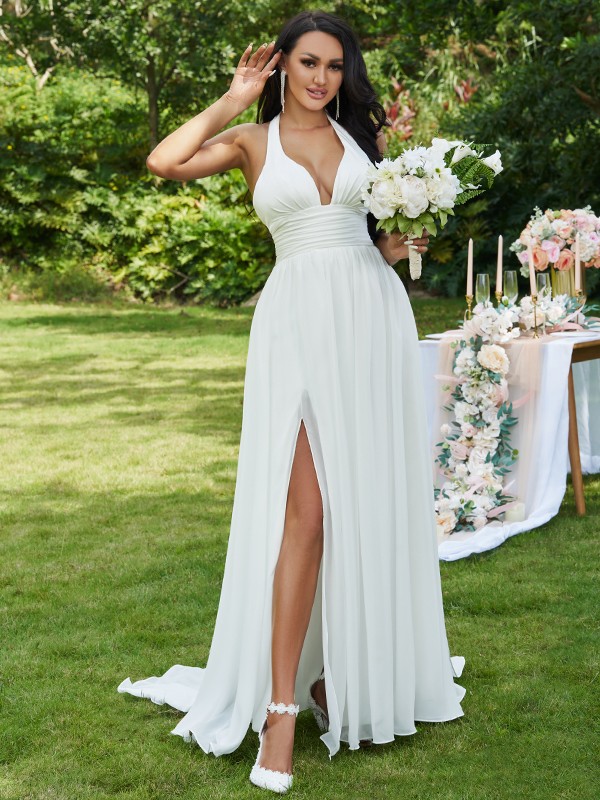 A-Line/Princess Chiffon Ruffles Halter Sleeveless Sweep/Brush Train Wedding Dresses 665