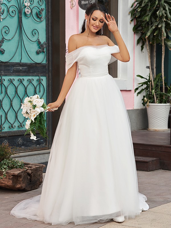 A-Line/Princess Tulle Ruffles Off-the-Shoulder Sleeveless Sweep/Brush Train Wedding Dresses 1088