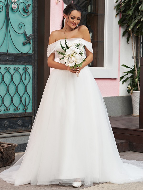 A-Line/Princess Tulle Ruffles Off-the-Shoulder Sleeveless Sweep/Brush Train Wedding Dresses 1088