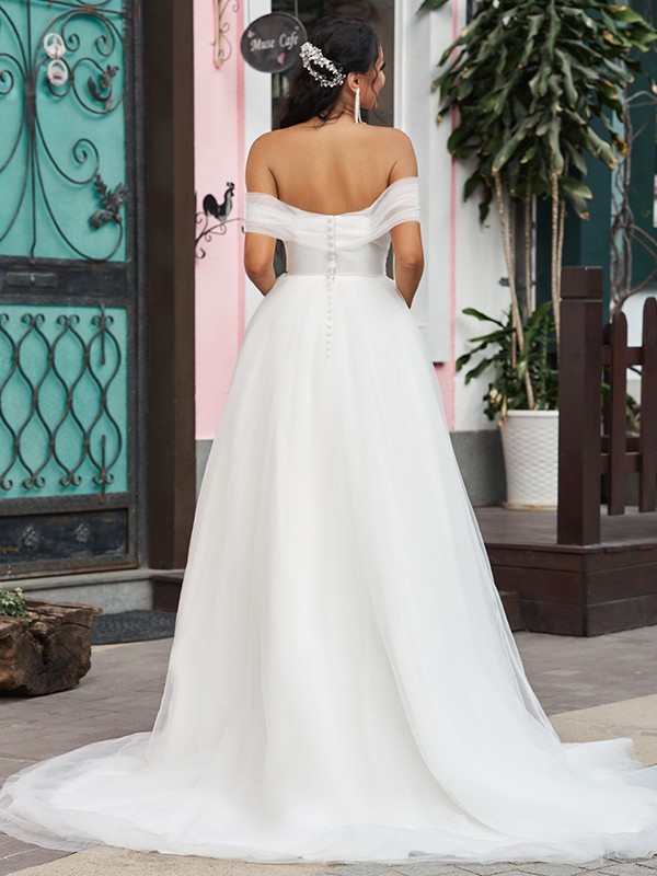 A-Line/Princess Tulle Ruffles Off-the-Shoulder Sleeveless Sweep/Brush Train Wedding Dresses 1088