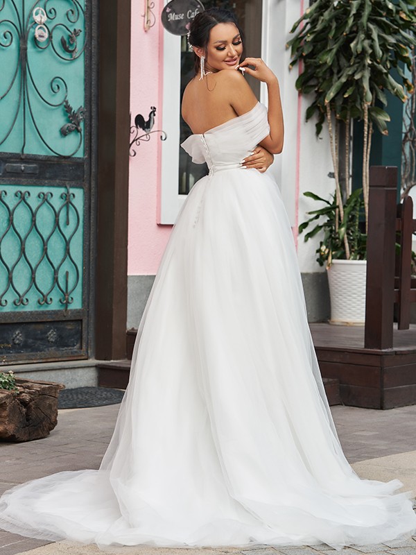 A-Line/Princess Tulle Ruffles Off-the-Shoulder Sleeveless Sweep/Brush Train Wedding Dresses 1088