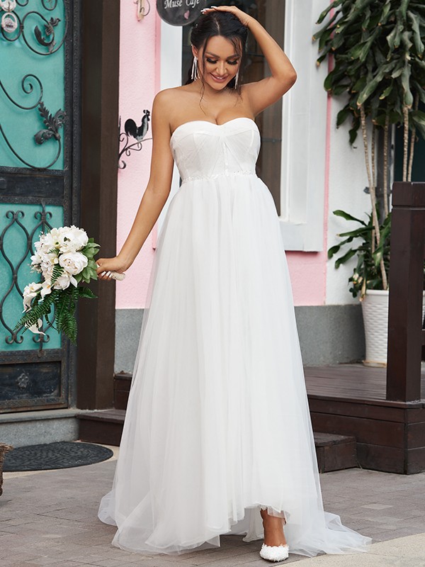 A-Line/Princess Tulle Ruffles Sweetheart Sleeveless Sweep/Brush Train Wedding Dresses 1094