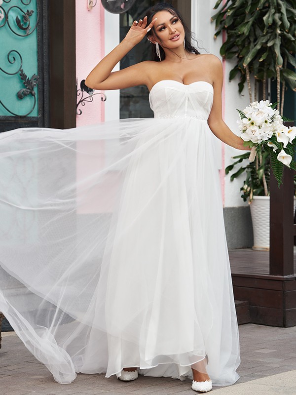 A-Line/Princess Tulle Ruffles Sweetheart Sleeveless Sweep/Brush Train Wedding Dresses 1094