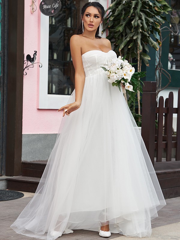 A-Line/Princess Tulle Ruffles Sweetheart Sleeveless Sweep/Brush Train Wedding Dresses 1094