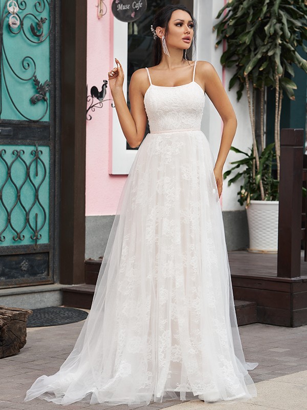 A-Line/Princess Lace Ruffles Spaghetti Straps Sleeveless Sweep/Brush Train Wedding Dresses 730