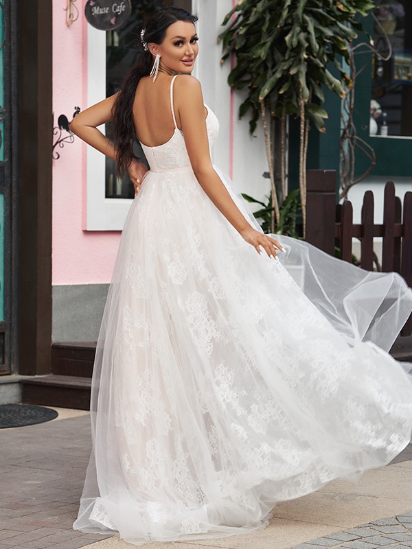 A-Line/Princess Lace Ruffles Spaghetti Straps Sleeveless Sweep/Brush Train Wedding Dresses 730