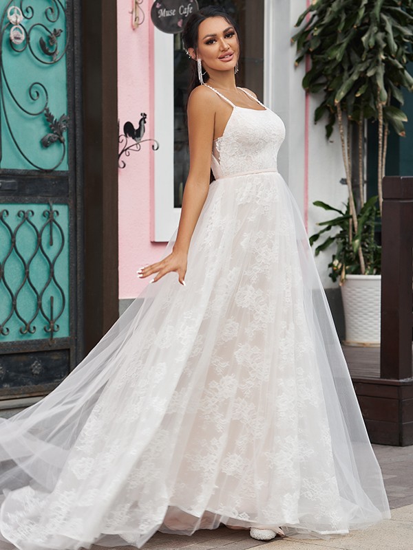 A-Line/Princess Lace Ruffles Spaghetti Straps Sleeveless Sweep/Brush Train Wedding Dresses 730