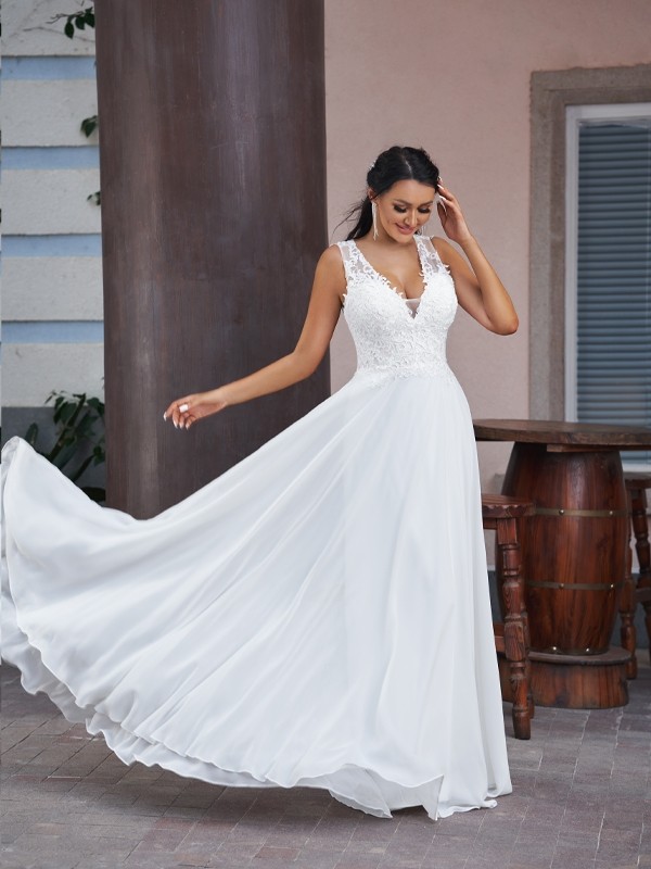 A-Line/Princess Chiffon Lace V-neck Sleeveless Floor-Length Wedding Dresses 655